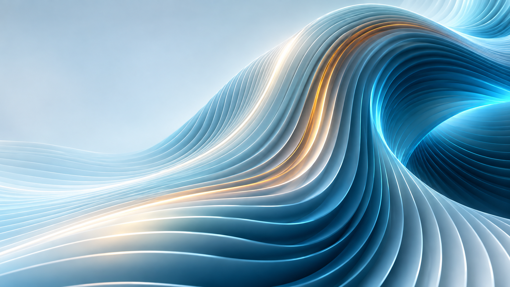 An abstract wave of pearl, cyan and blue layers curls into a deep illuminated fold