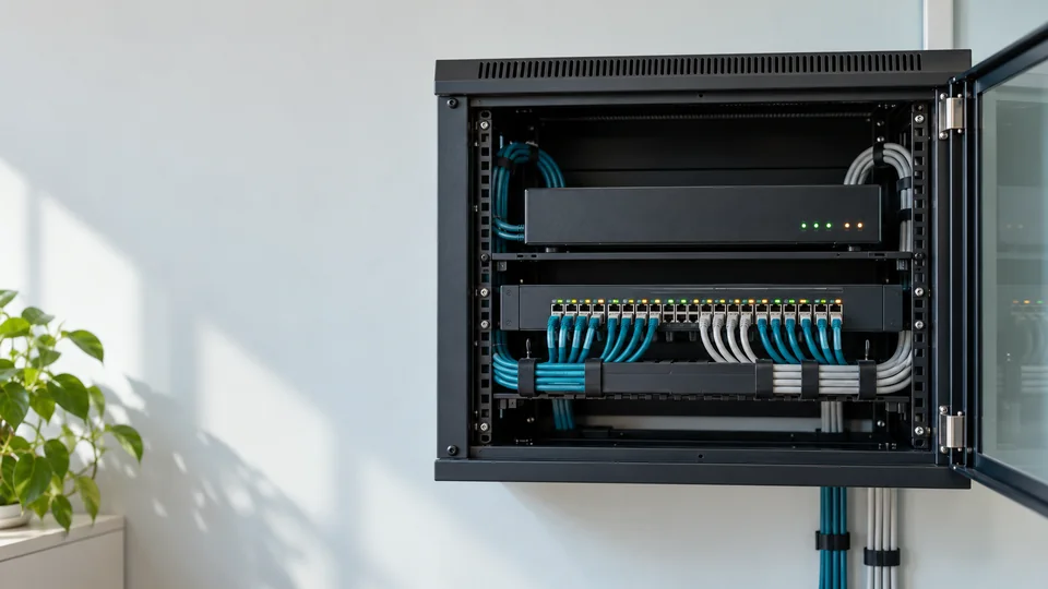 Illustrative photograph of a tidy network cabinet holding a firewall and neatly dressed cables