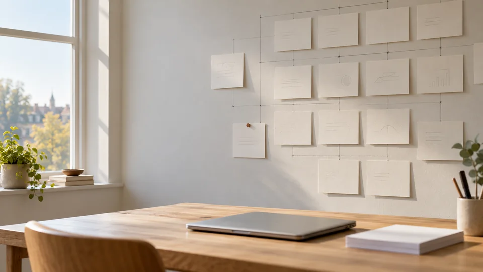 Illustrative photograph of an empty workroom wall mapped with plain cards joined by pencil lines, one marked with a copper pin