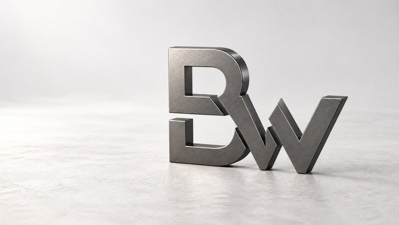 The BW monogram as a brushed-metal object on a pale surface