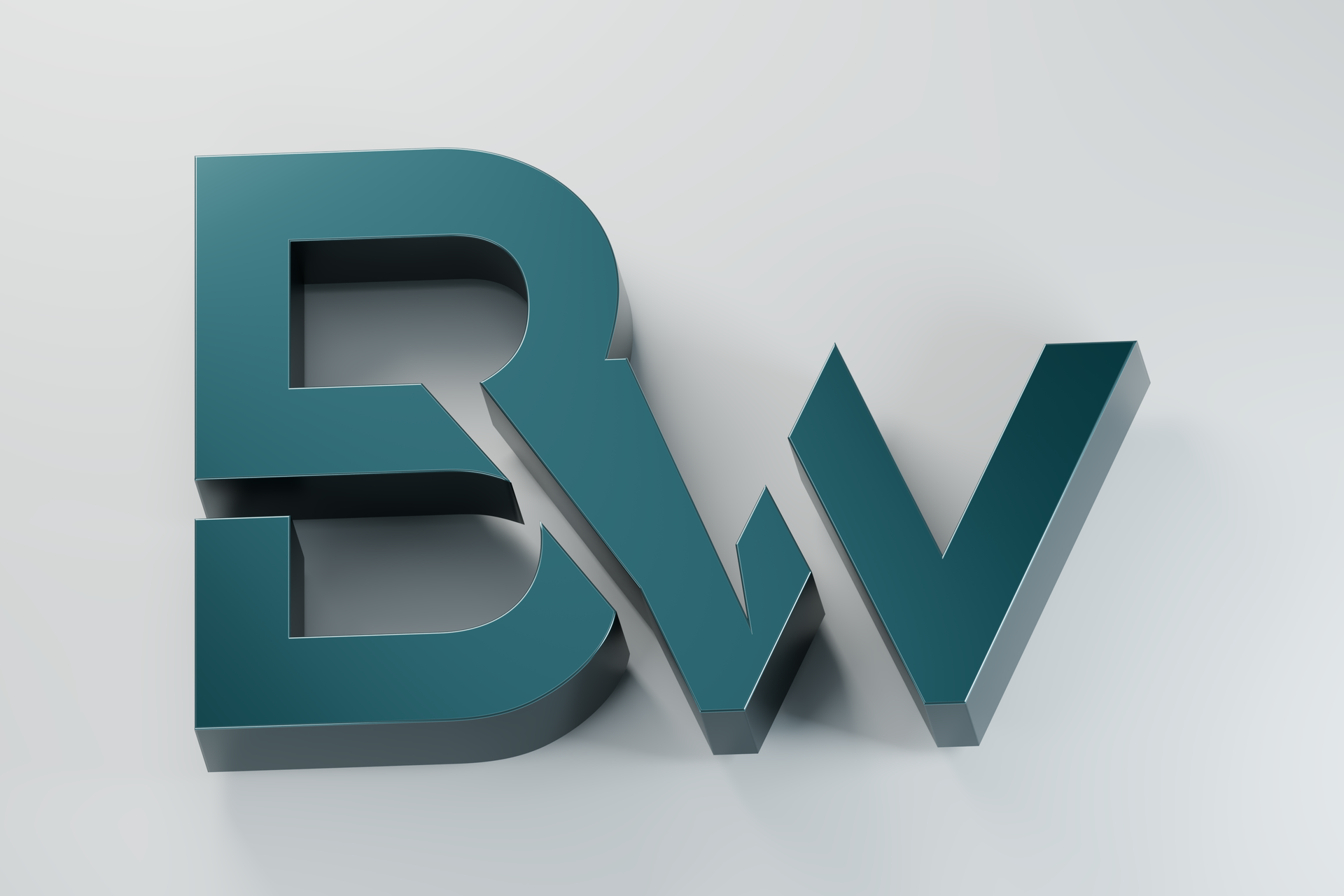 The BW monogram in deep petrol with polished bevels, dimensional side faces and a soft shadow on a pale field