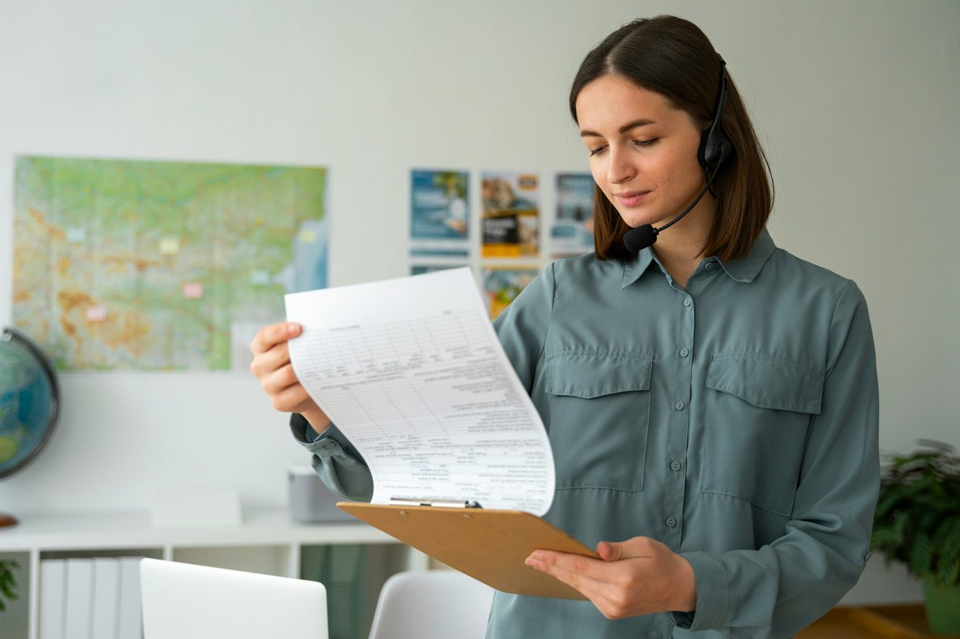 A customer service officer wearing a phone headset reads through a paper form on a clipboard in an office.