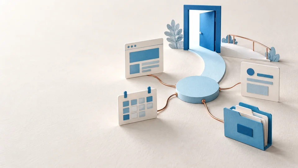 Illustrative paper model of an accessible doorway linked to a website, volunteer calendar, request card and organised records