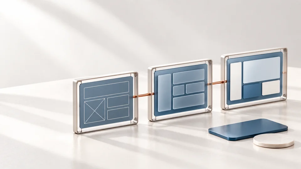 Illustrative blue and pearl software panels progress from a wireframe to an organised digital product
