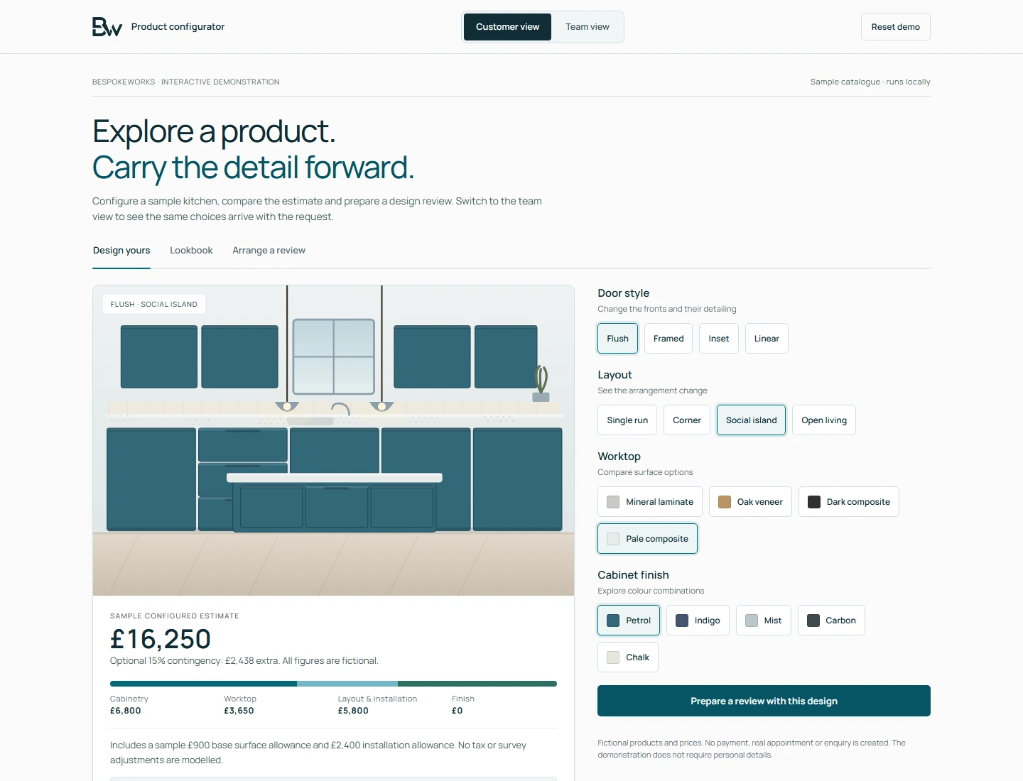 The sample product configurator showing its visual preview and product controls