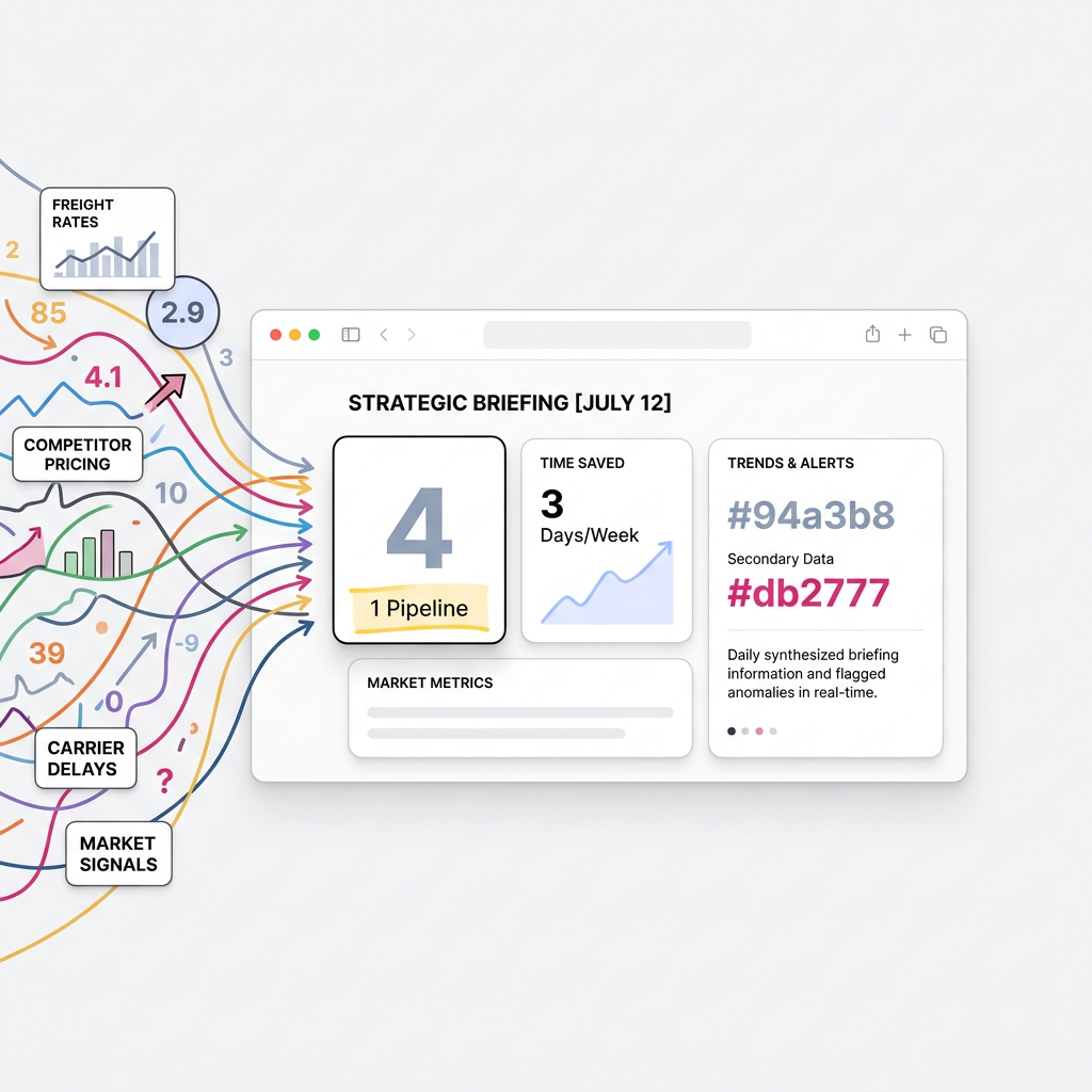 analyst receiving a morning briefing summary on screen while multiple data source feeds (freight rates, competitor pricing, c