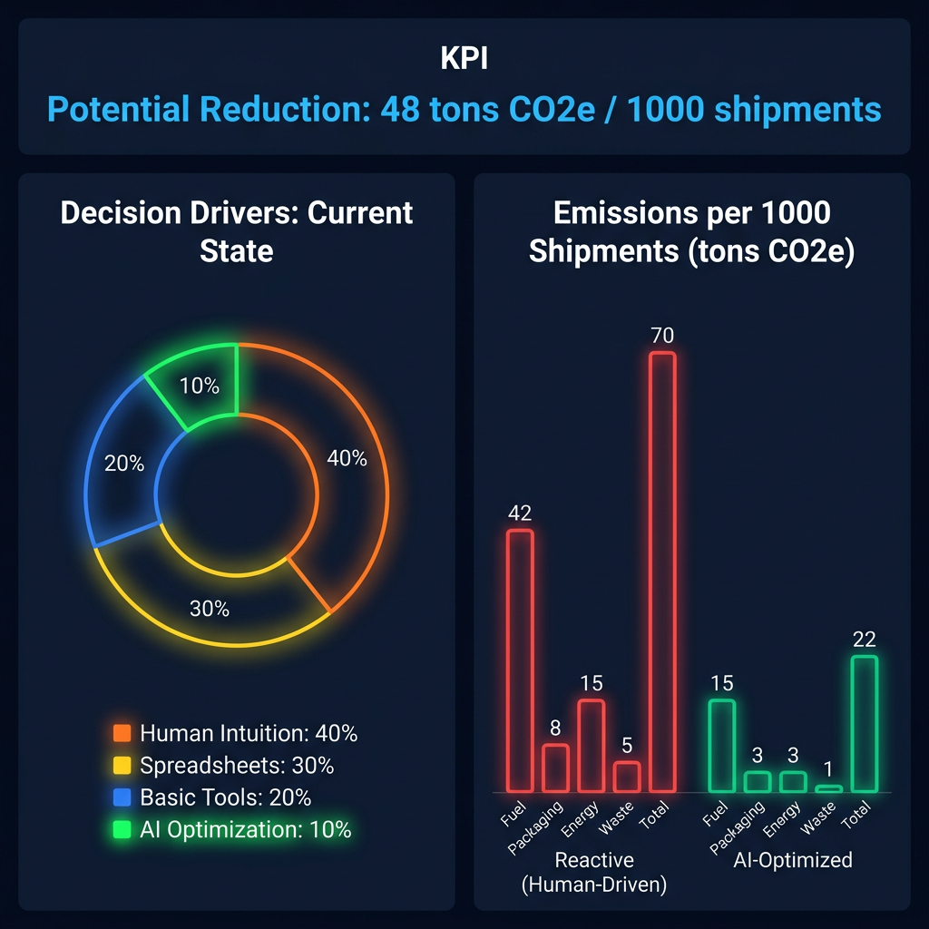 Dark-mode dashboard comparing emissions from reactive and AI-optimized supply chain decisions.
