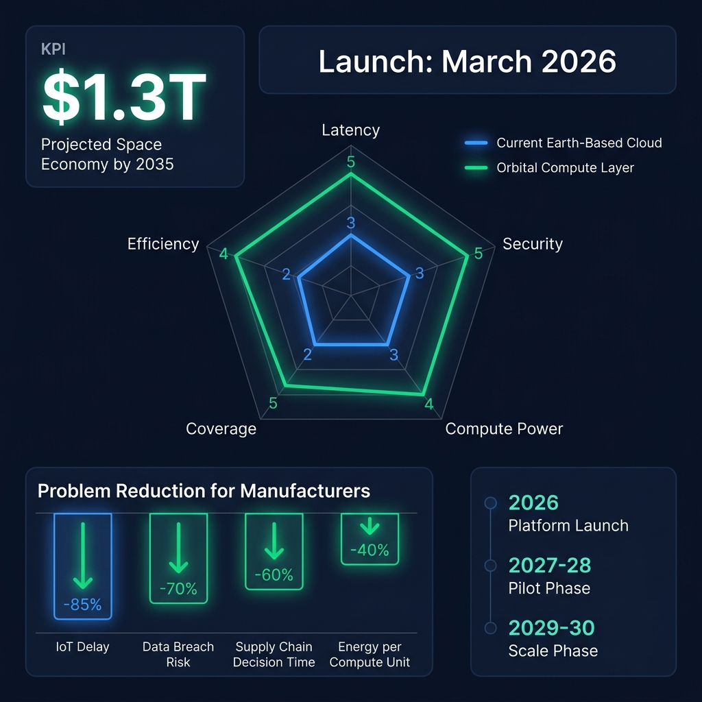 Dark mode dashboard visualizing performance gains for manufacturing AI using orbital compute.