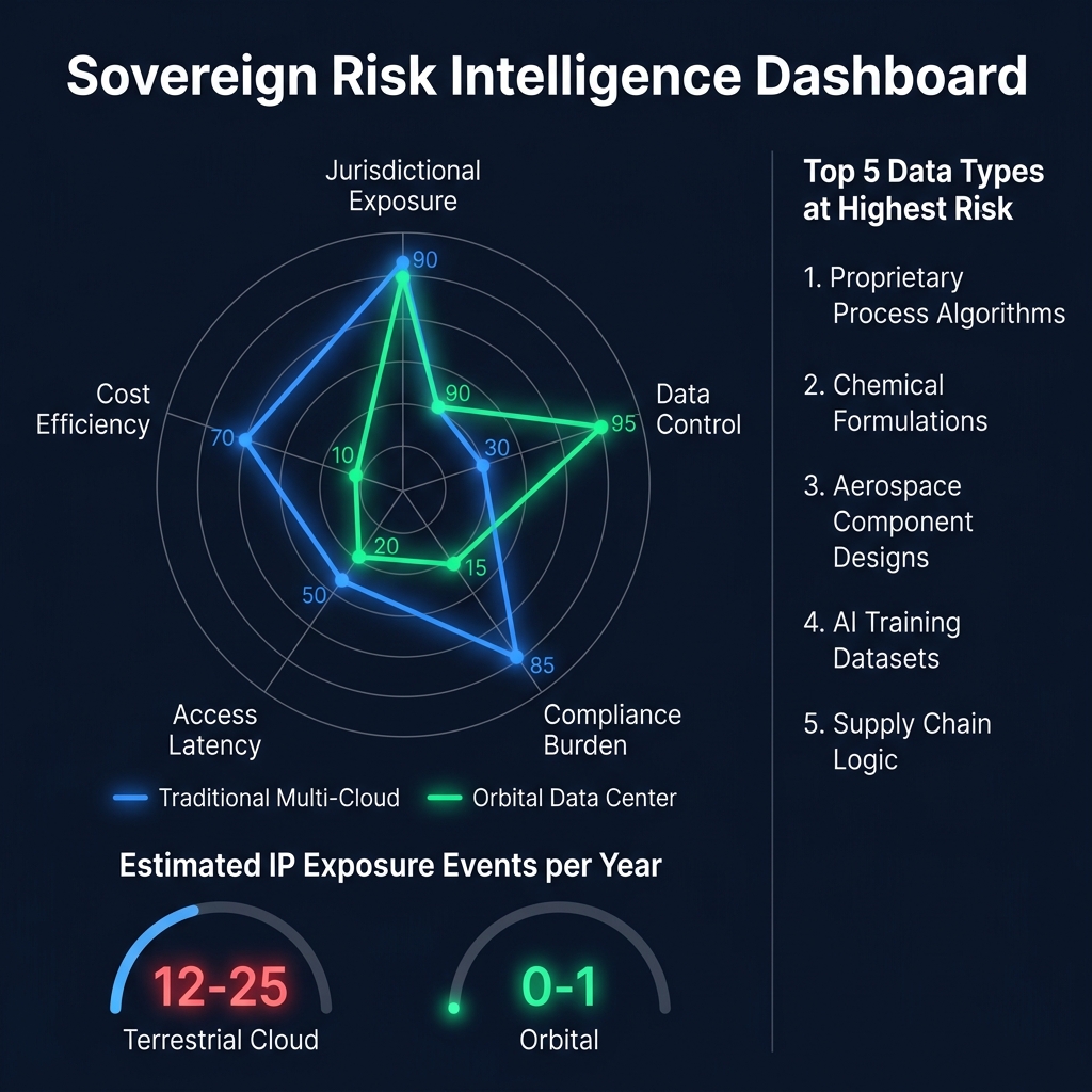 Dark-mode dashboard visualizing sovereign risk metrics comparing multi-cloud and orbital data centers.