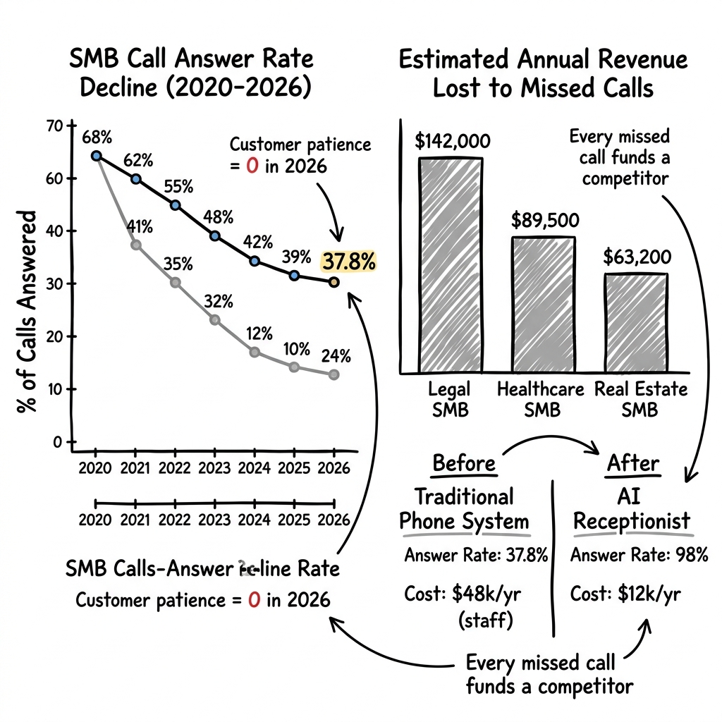 Whiteboard sketch showing declining SMB call answer rates and the high cost of missed calls across industries.