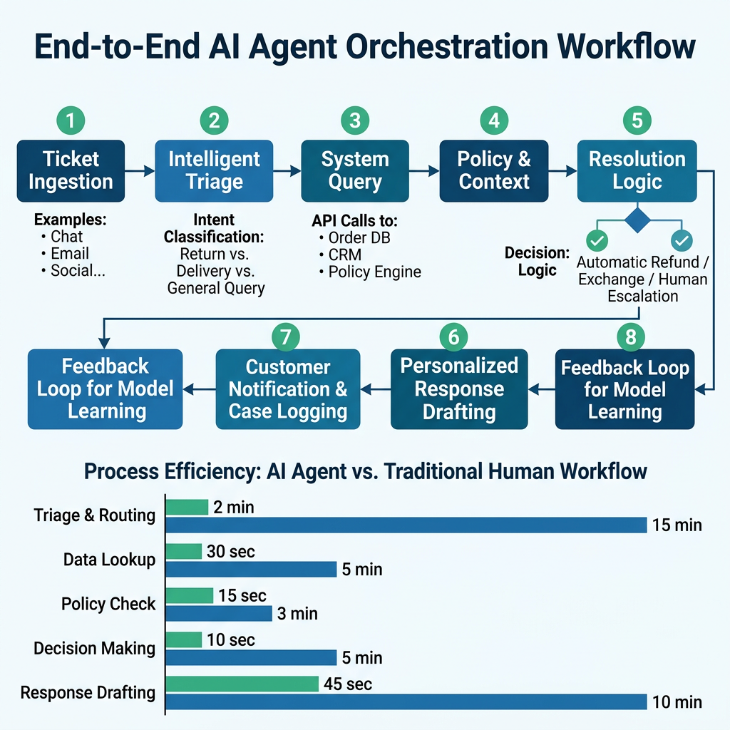Infographic of an 8-step AI agent workflow for customer support with efficiency comparison to human agents.