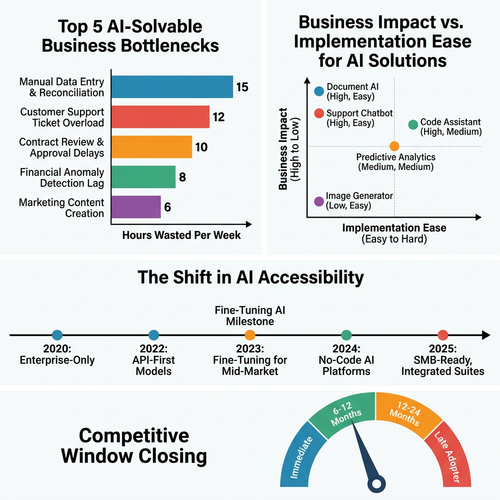 Infographic showing top business bottlenecks solvable by AI, a prioritization matrix, and a timeline of AI accessibility for SMBs.