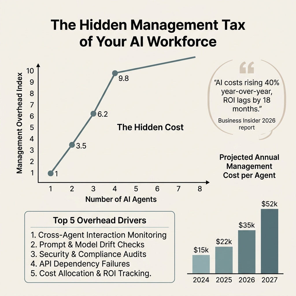 Infographic showing how AI agent management overhead compounds exponentially, with cost projections and key drivers.
