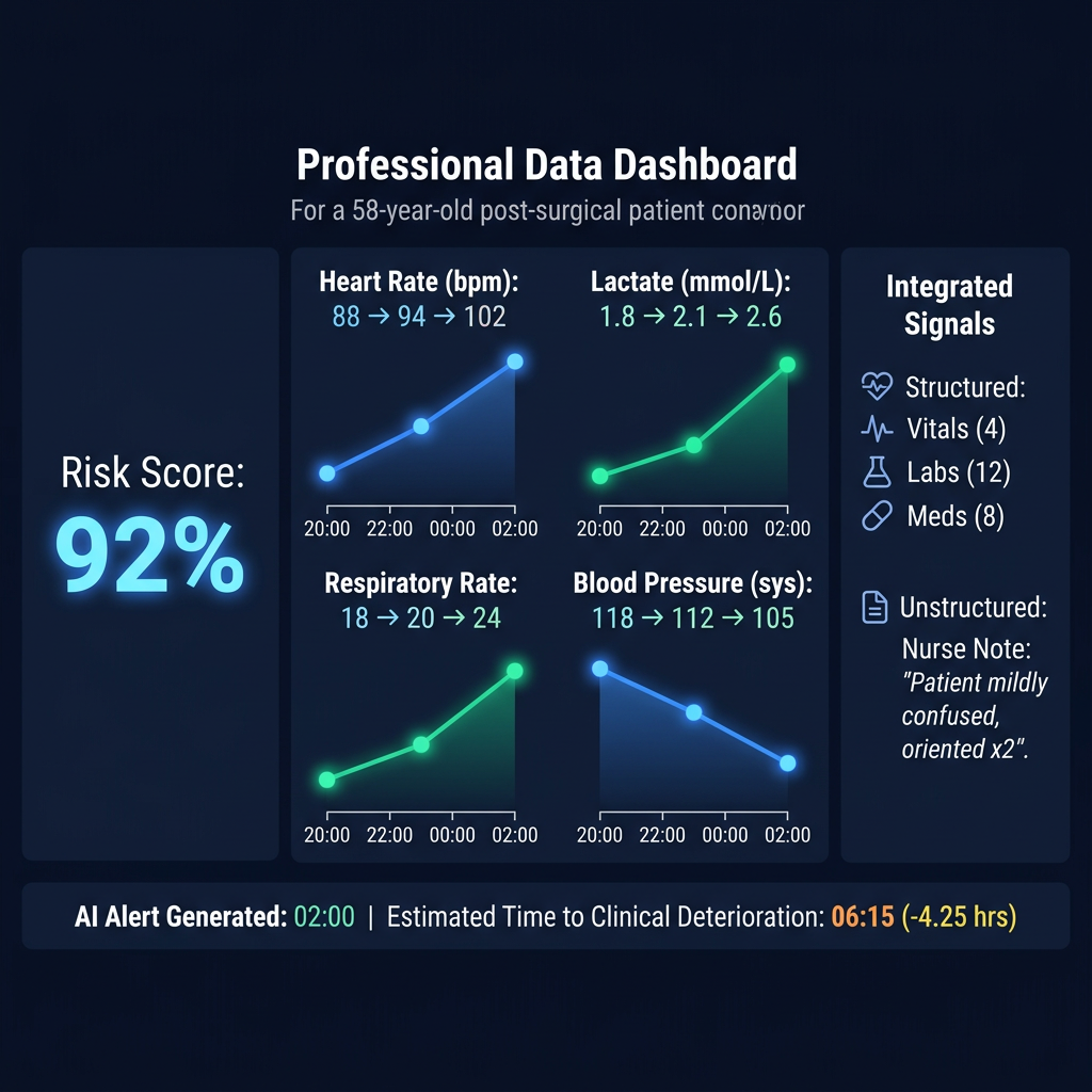 Dark-mode dashboard showing real-time vitals trends and AI risk score for early sepsis detection.
