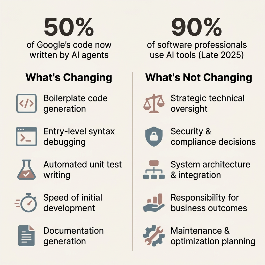 Infographic comparing five tasks AI is changing versus five core responsibilities remaining for human developers in 2026.