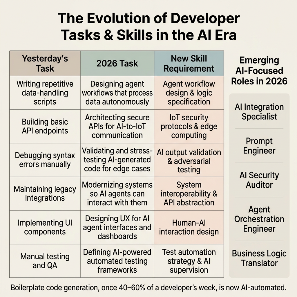 Infographic comparing six traditional developer tasks to their 2026 AI-era equivalents and the new skills required.