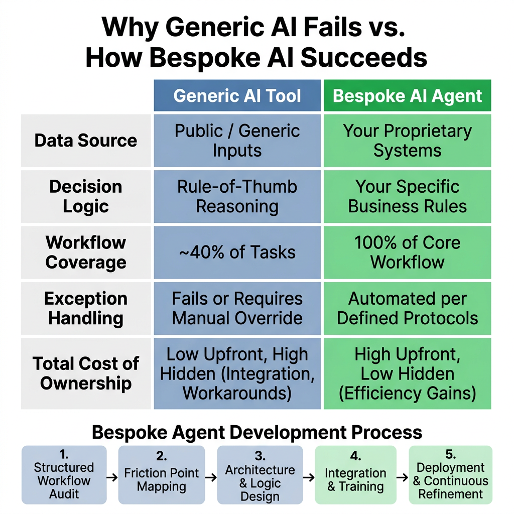 Comparison matrix showing five key differences between generic AI tools and bespoke AI agents for complex tasks.