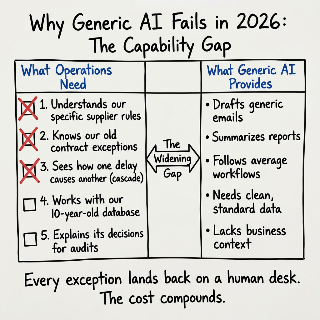 A hand-drawn whiteboard diagram showing the gap between operational needs and generic AI capabilities.
